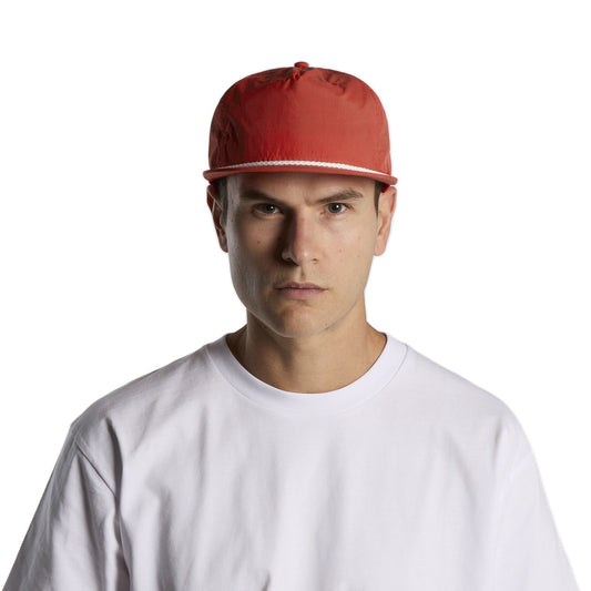 Custom printed AS Colour Surf Rope Cap in Fire/White, worn front-on