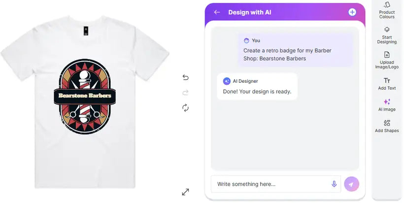 AI Designer chat creating a retro barber shop badge on a white tee
