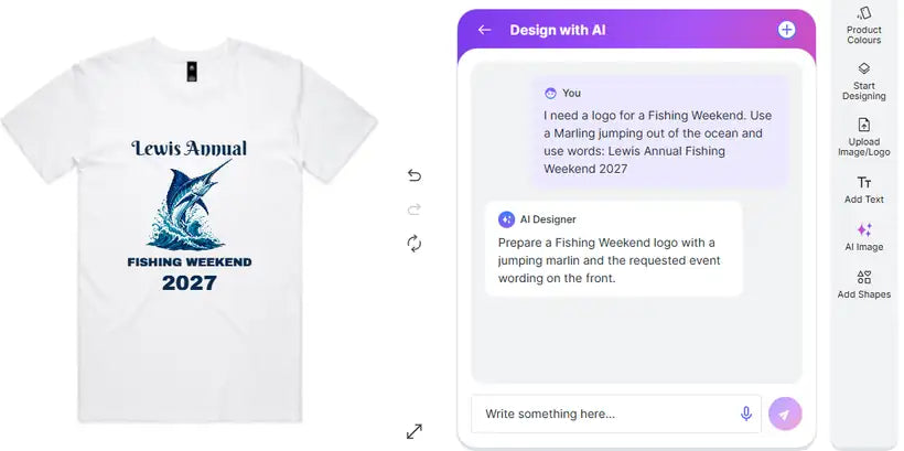 AI Designer chat creating a marlin fishing weekend logo on a white tee