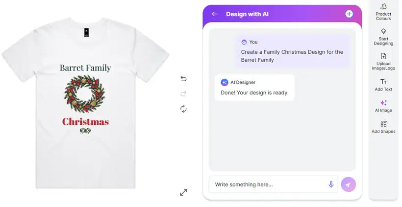 AI Designer chat producing a Family Christmas design on a white tee
