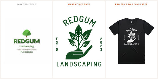 Three panels: a homemade Redgum Landscaping logo, the redrawn print-ready version, and it printed on a black t-shirt