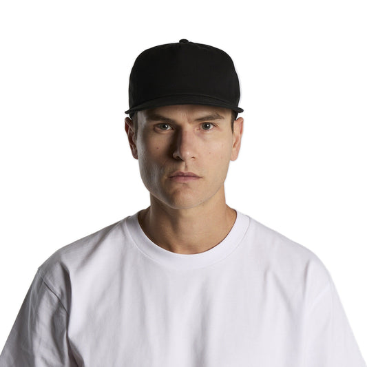 Custom printed AS Colour Surf Cotton Cap in Black, worn front-on