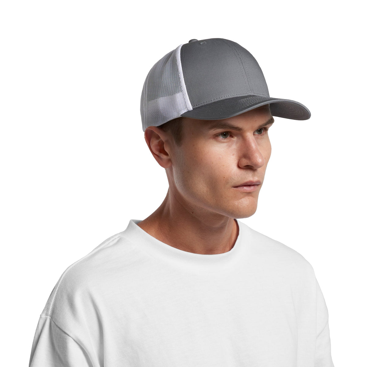 Custom printed AS Colour Mesh Contrast Trucker Cap, three-quarter view on model