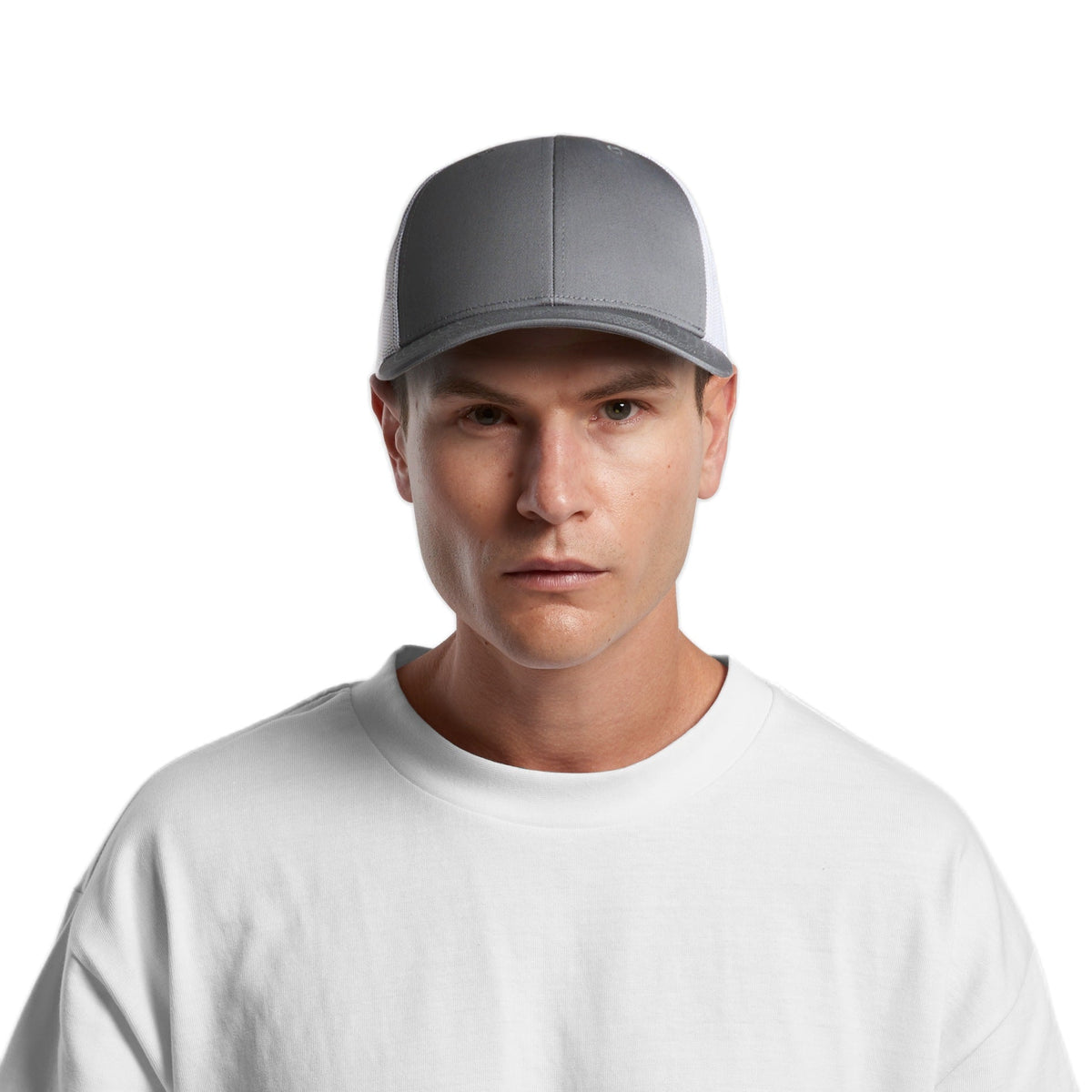 Custom printed AS Colour Mesh Contrast Trucker Cap in Shadow/White, worn front-on