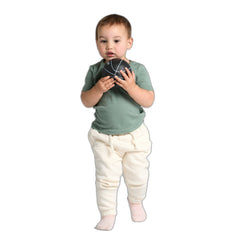 Baby wearing a custom printed AS Colour Organic Infant Wee Tee in Sage