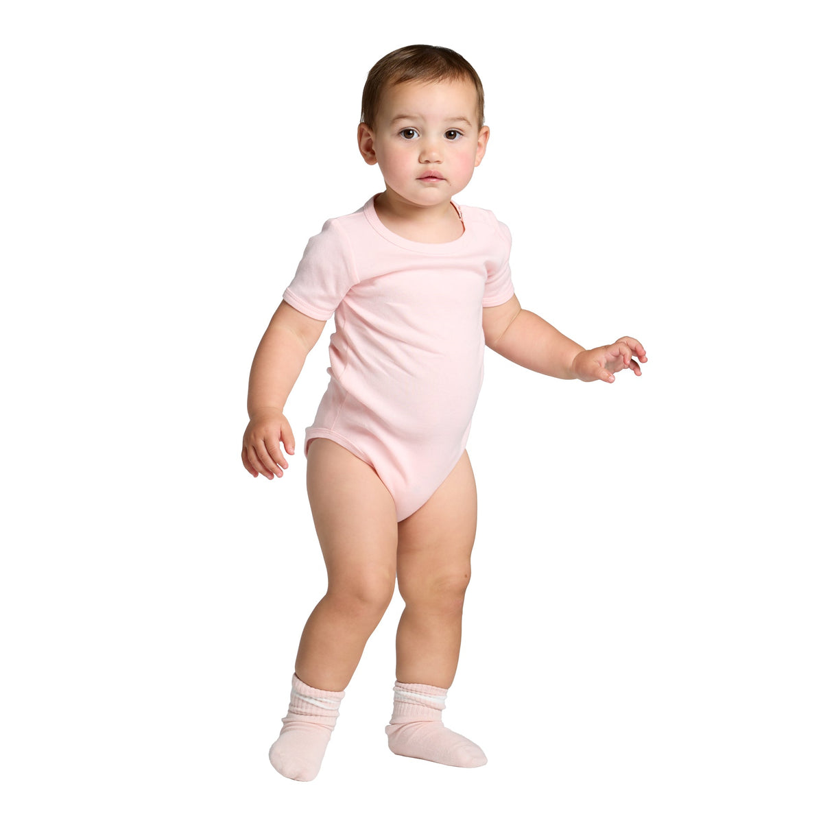 Baby standing in a custom printed AS Colour Organic Mini-Me One-Piece in Pink