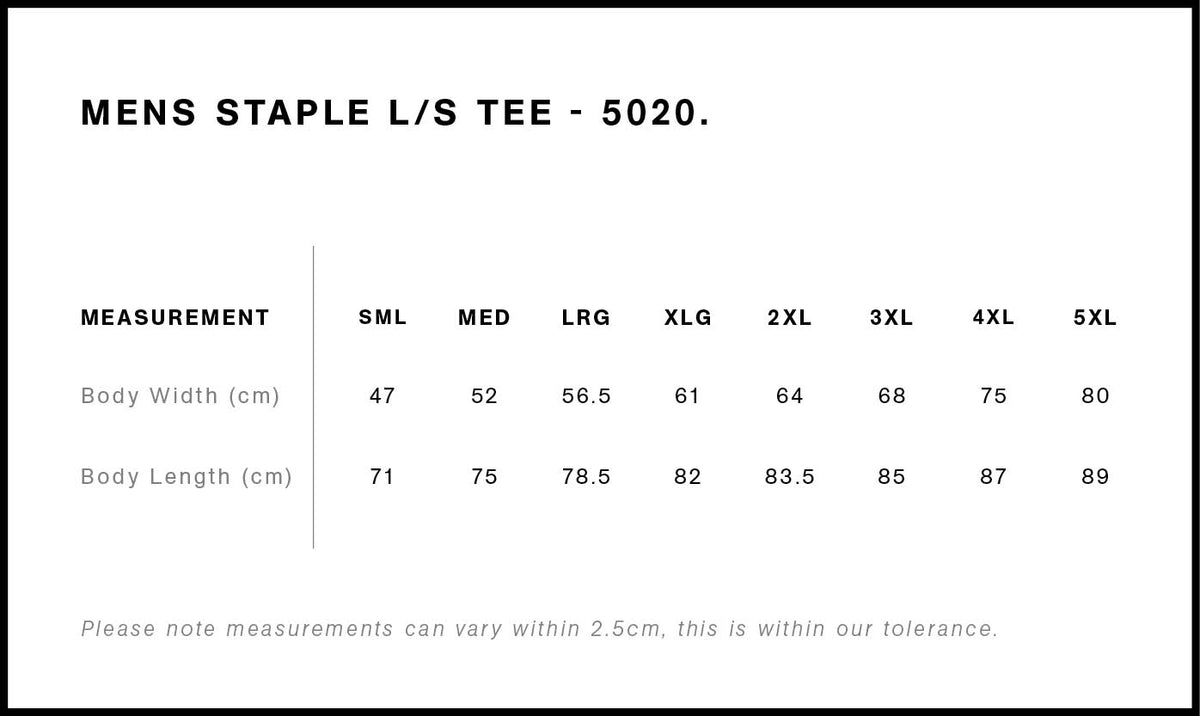 AS Colour Staple LS T-Shirt size guide