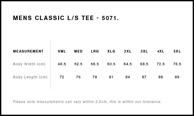 AS Colour Classic LS T-Shirt size guide