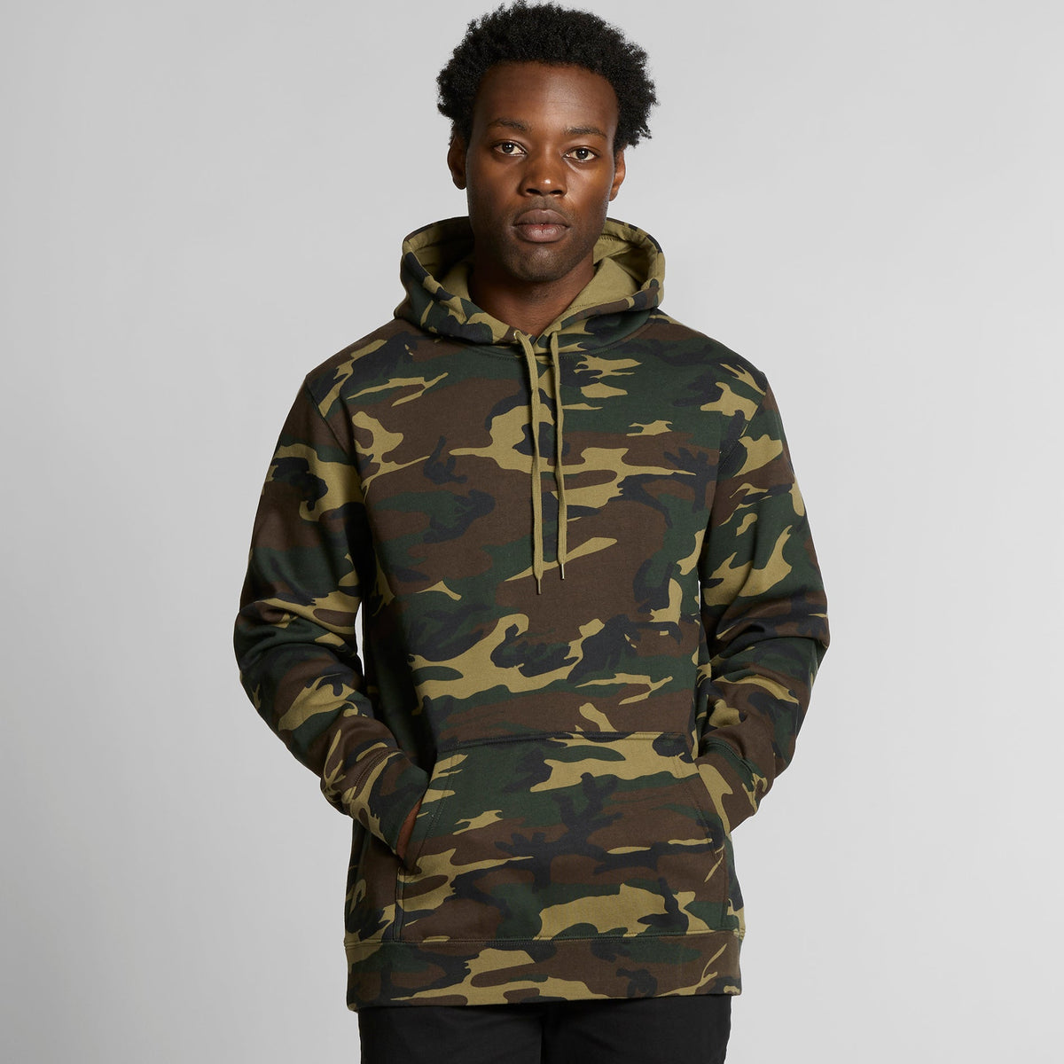 AS Colour Stencil Camo Hoodie on model - hands in kangaroo pocket