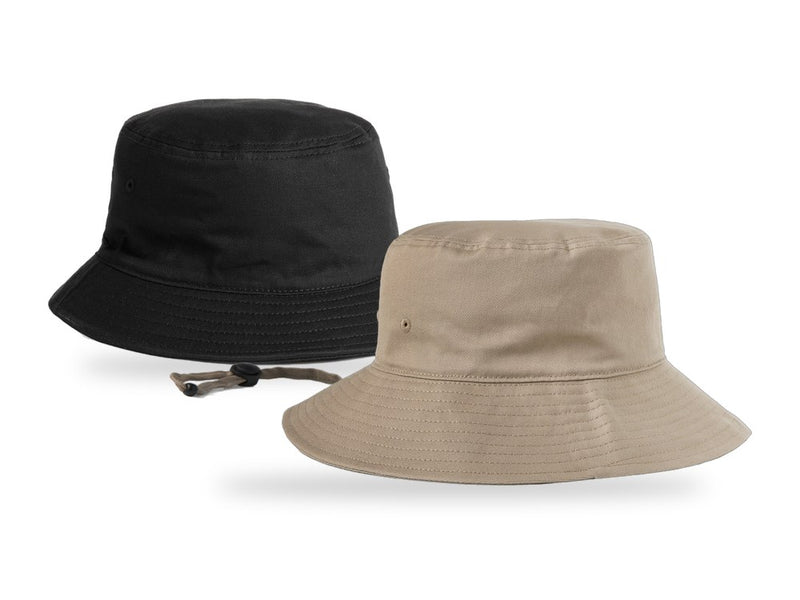 Two bucket hats, overlapping: a black standard-brim Bucket Hat behind a khaki Wide Brim Bucket Hat with its adjustable chin strap.