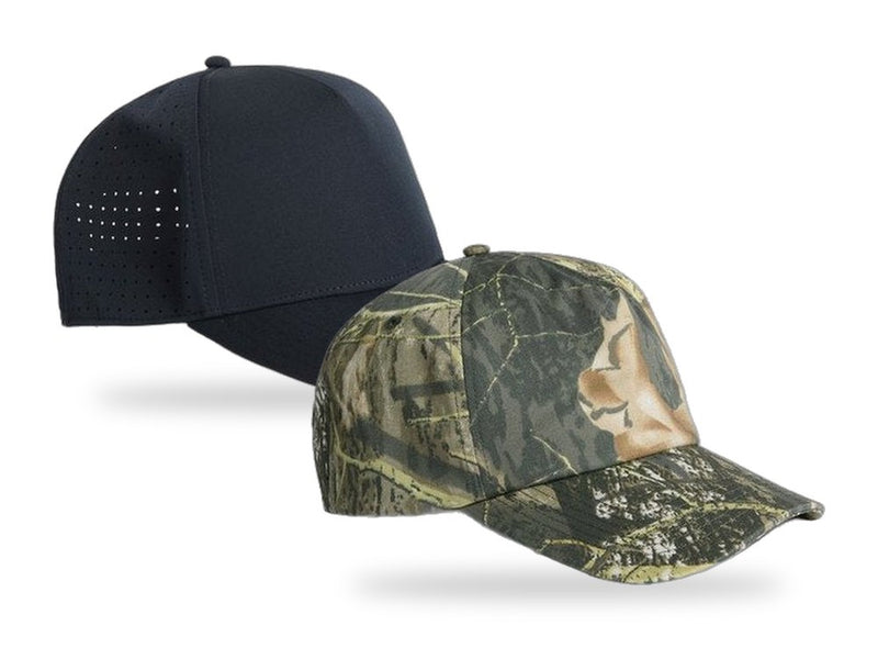 Two caps in side profile, overlapping: a structured Frame Perforated Cap with a crisp upright front, and an unstructured Frame Soft Camo Cap with a softer crown.