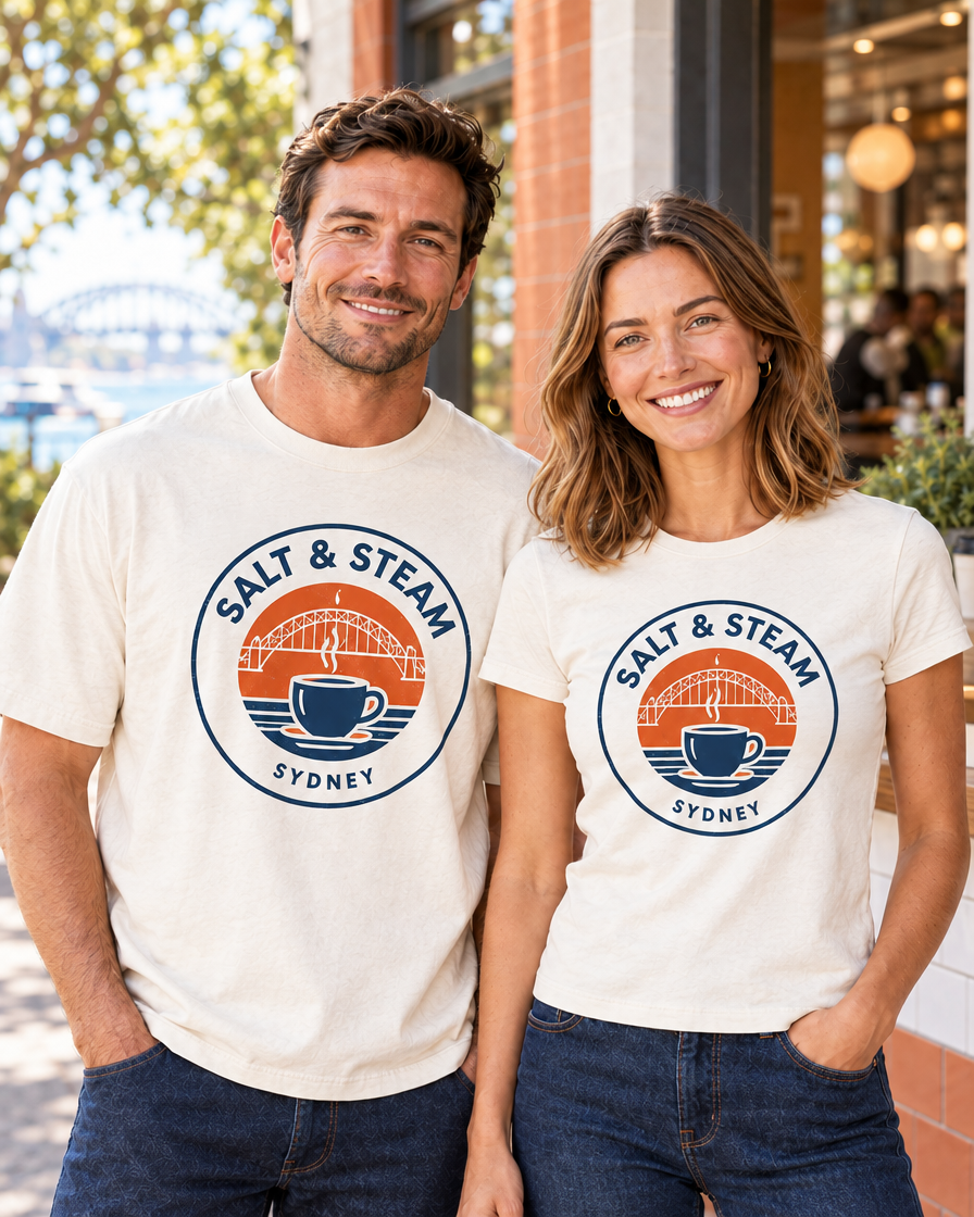Man and woman in cream custom printed t-shirts with a Sydney cafe logo, smiling outside a cafe