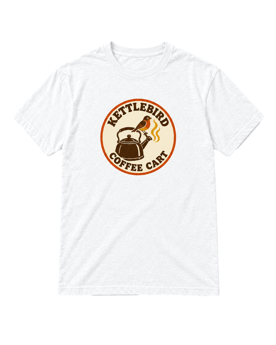 Tee with AI-generated Kettlebird coffee cart badge