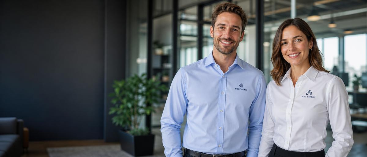 Custom printed business shirts with company logos in an office