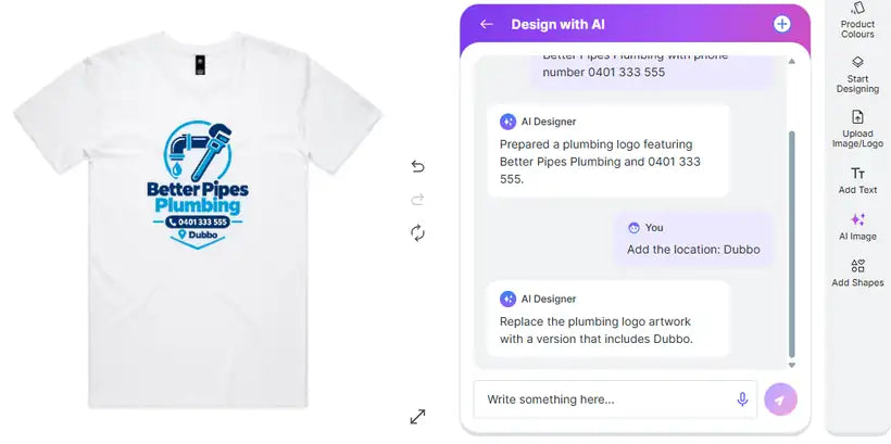 AI Designer chat adding a location to a plumbing logo on a white tee